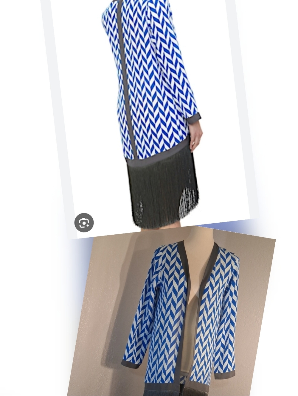 Emma Pake 100% Silk Blue Chevron Open-Front Cardigan with Fringe Trim